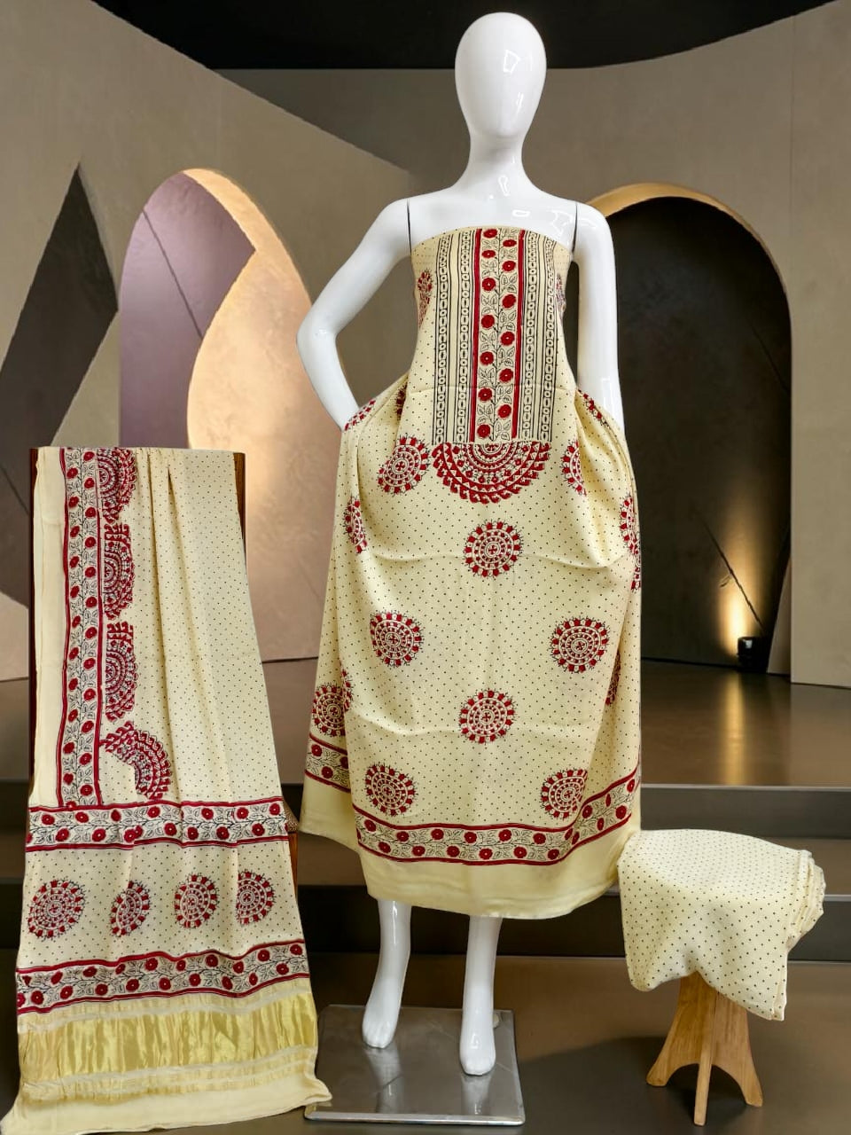 off white Modal Silk Ajrakh Hand Block Print Suit with Neptol Dye & Zari Pallu Dupatta – Premium Designer Ethnic Wear