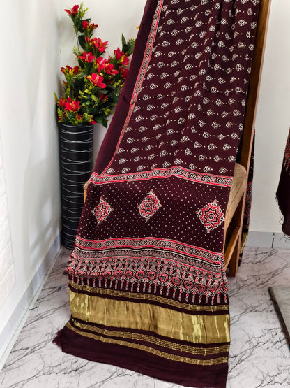 Modal Silk Ajrakh Hand Block Print Suit with Neptol Dye & Zari Pallu Dupatta – Premium Designer Ethnic Wear