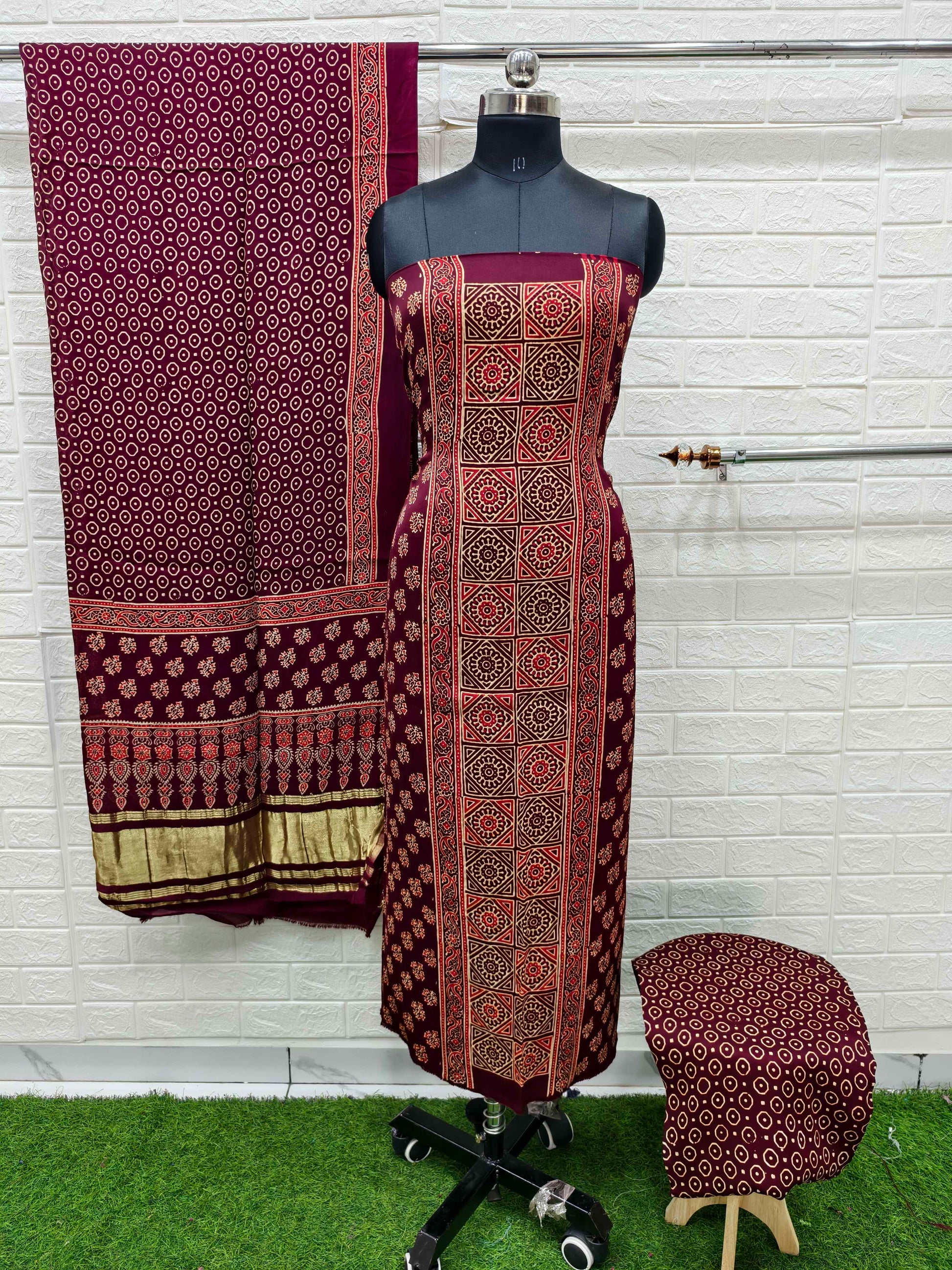 Pure Modal Silk Maroon Ajrakh Hand Block Print Neptol Dye 3 Pice Suit