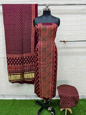 Pure Modal Silk Maroon Ajrakh Hand Block Print Neptol Dye 3 Pice Suit