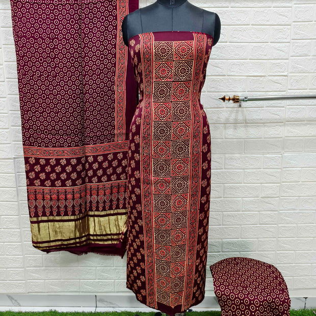 Pure Modal Silk Maroon Ajrakh Hand Block Print Neptol Dye 3 Pice Suit