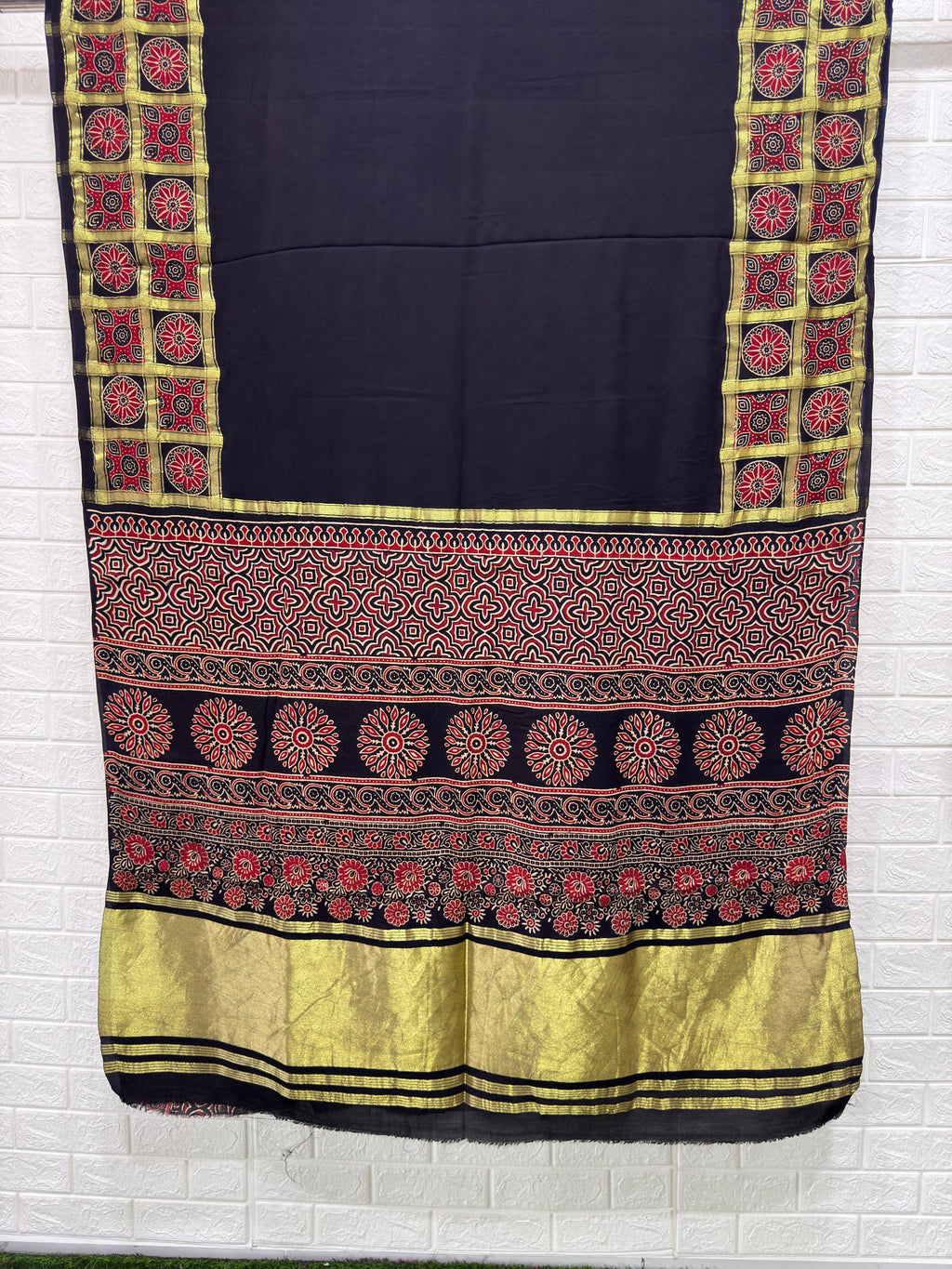 Ajrakh Hand Block Print Neptol Dye Saree with Zari Pallu