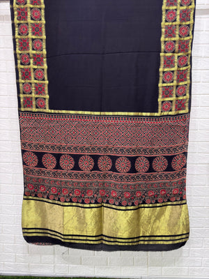 Ajrakh Hand Block Print Neptol Dye Saree with Zari Pallu