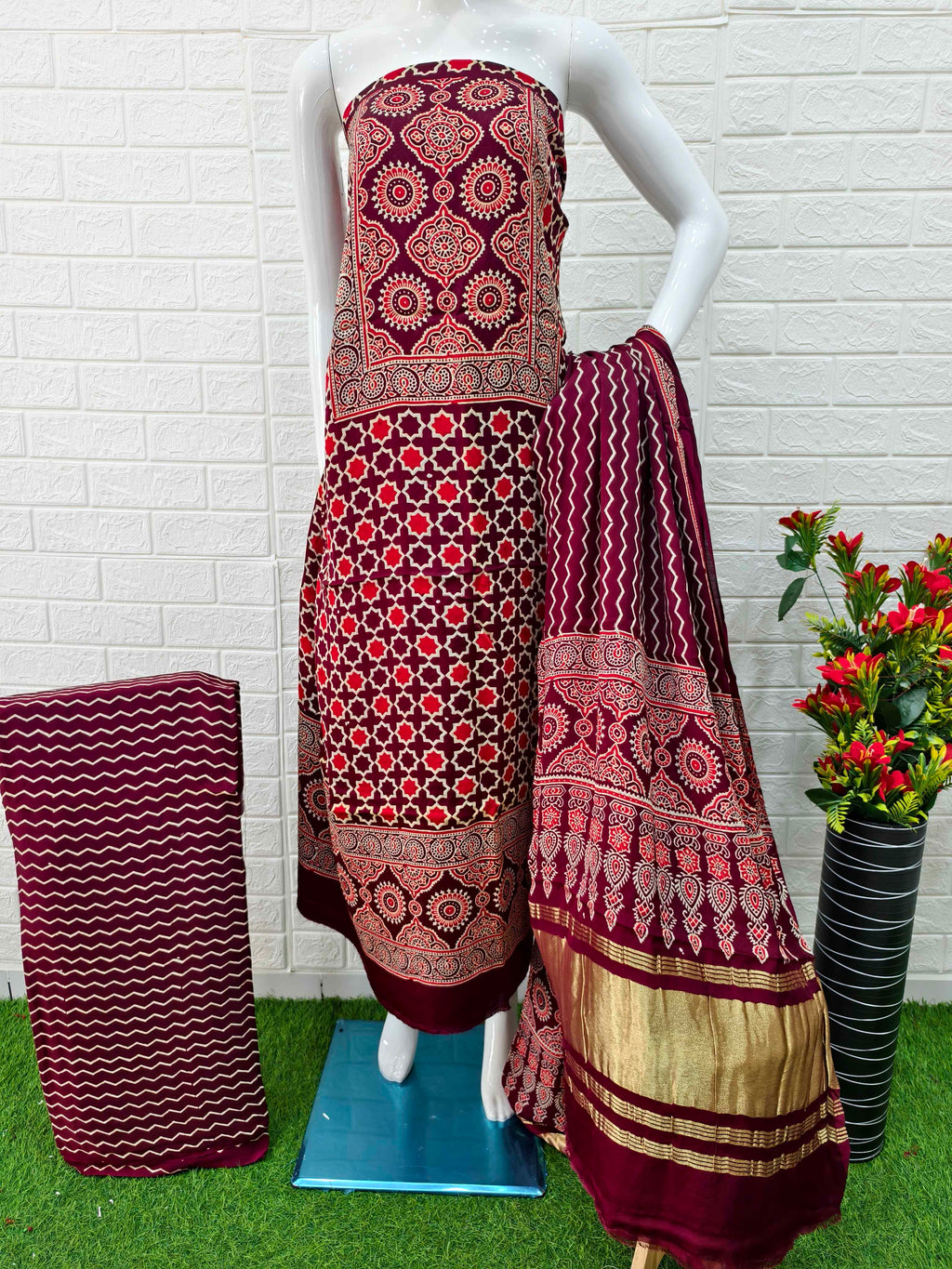 Pure Modal Silk Maroon Ajrakh Hand Block Print Neptol Dye 3 Pice Suit