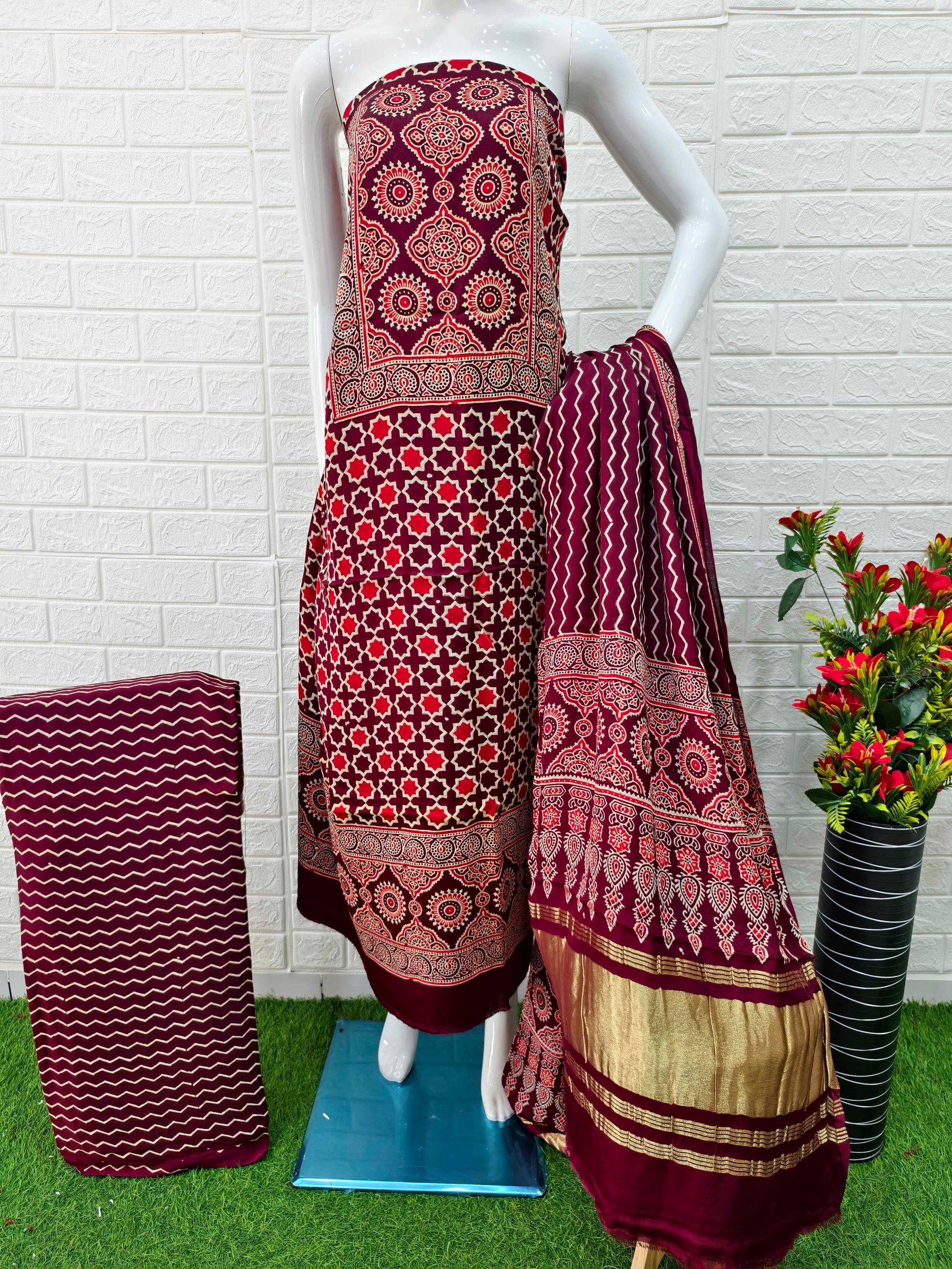 Pure Modal Silk Maroon Ajrakh Hand Block Print Neptol Dye 3 Pice Suit