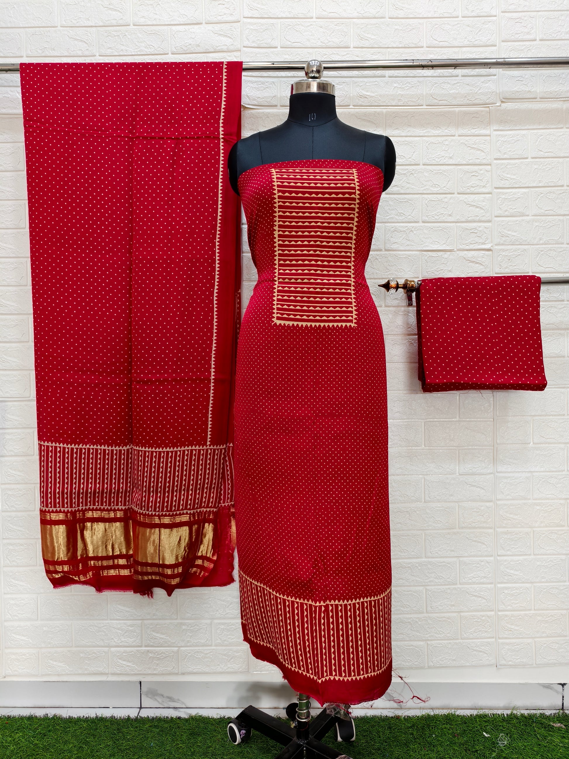 Red Pure Modal Silk Ajrakh Hand Block Print Neptol Dye 3 Pice Suit