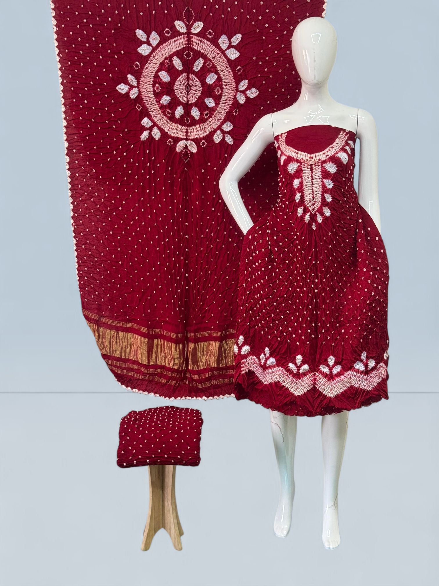 Modal Silk Shibori Suit Set with Bandhej Bottom & Zari Pallu Dupatta