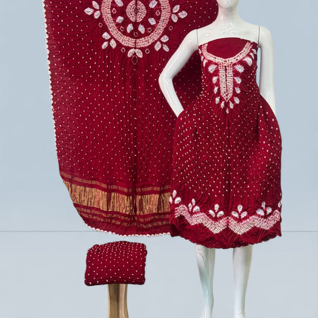Modal Silk Shibori Suit Set with Bandhej Bottom & Zari Pallu Dupatta