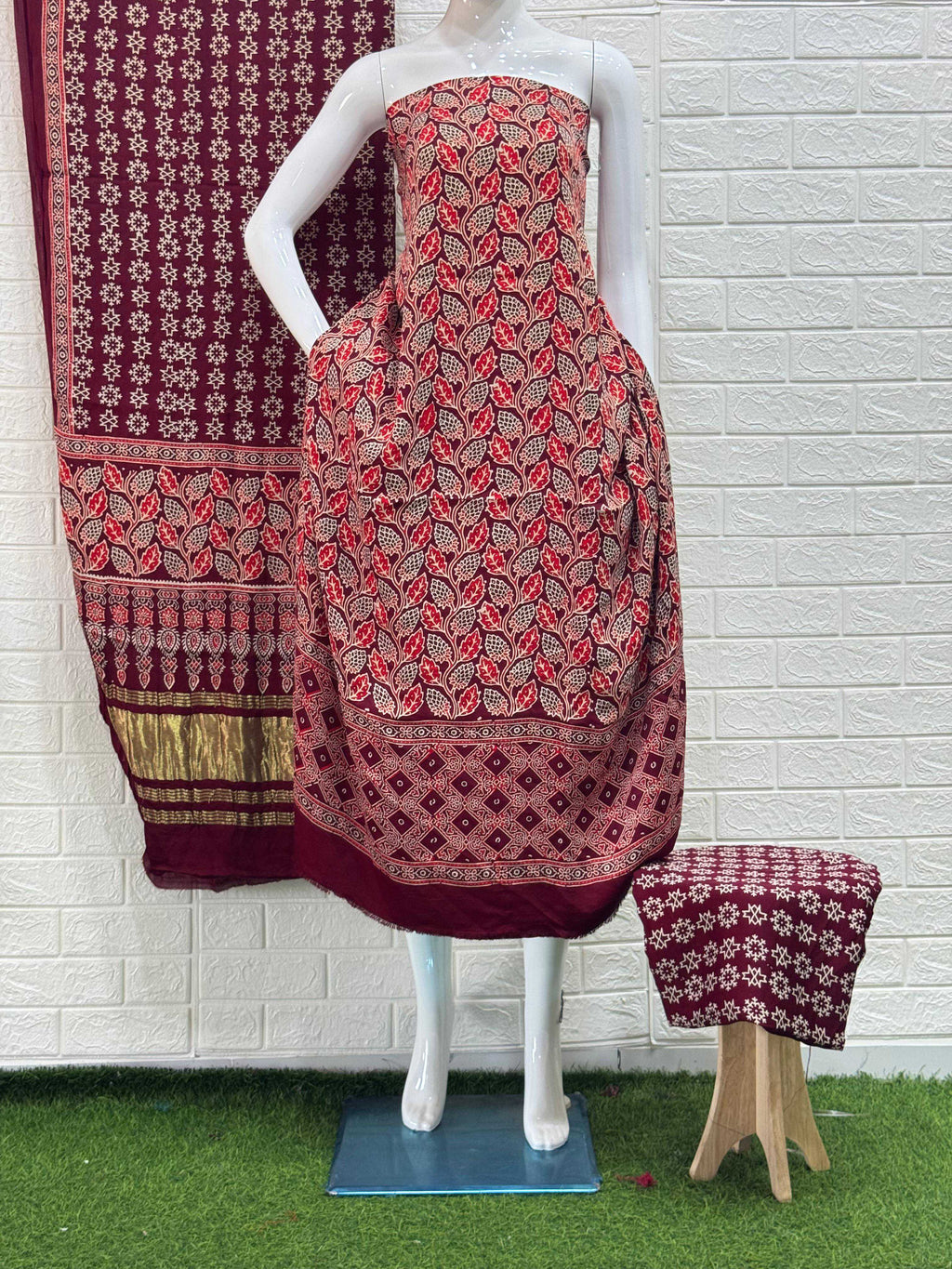 Pure Modal Silk Rust Ajrakh Hand Block Print Neptol Dye 3 Pice Suit