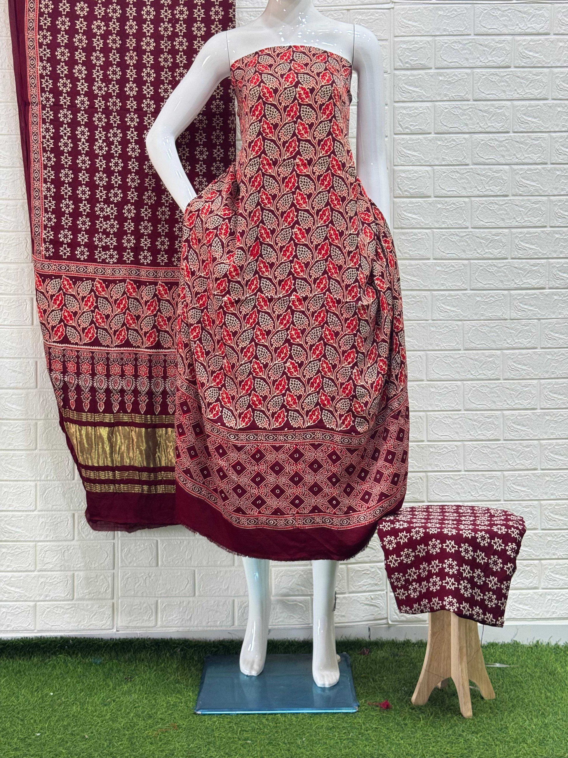 Pure Modal Silk Rust Ajrakh Hand Block Print Neptol Dye 3 Pice Suit