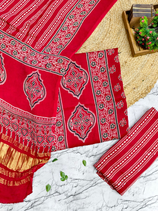 Modal Silk Red Ajrakh Hand Block Print Suit with Neptol Dye & Zari Pallu Dupatta – Premium Designer Ethnic Wear