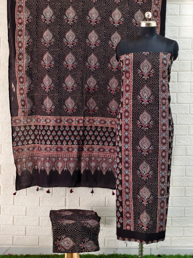 Buy Pure Cotton Bleck Ajrakh Hand Block Print Nechral Dye 3 Pice Suit