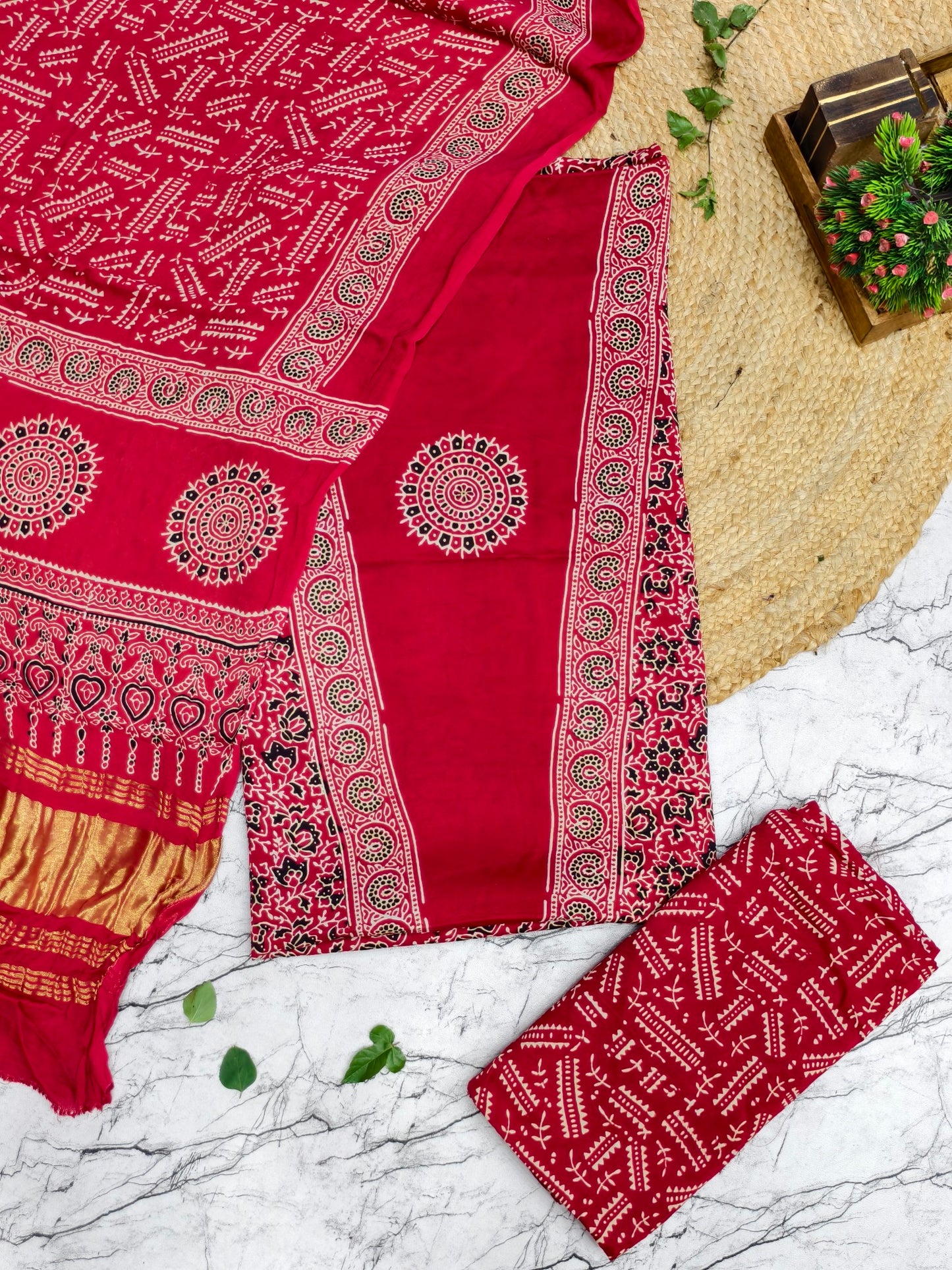 Modal Silk Red Ajrakh Hand Block Print Suit with Neptol Dye & Zari Pallu Dupatta – Premium Designer Ethnic Wear