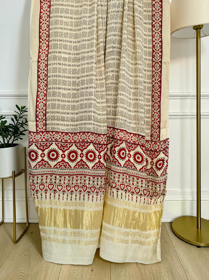 Modal Silk Off White Ajrakh Hand Block Print Suit with Neptol Dye & Zari Pallu Dupatta – Premium Designer Ethnic Wear
