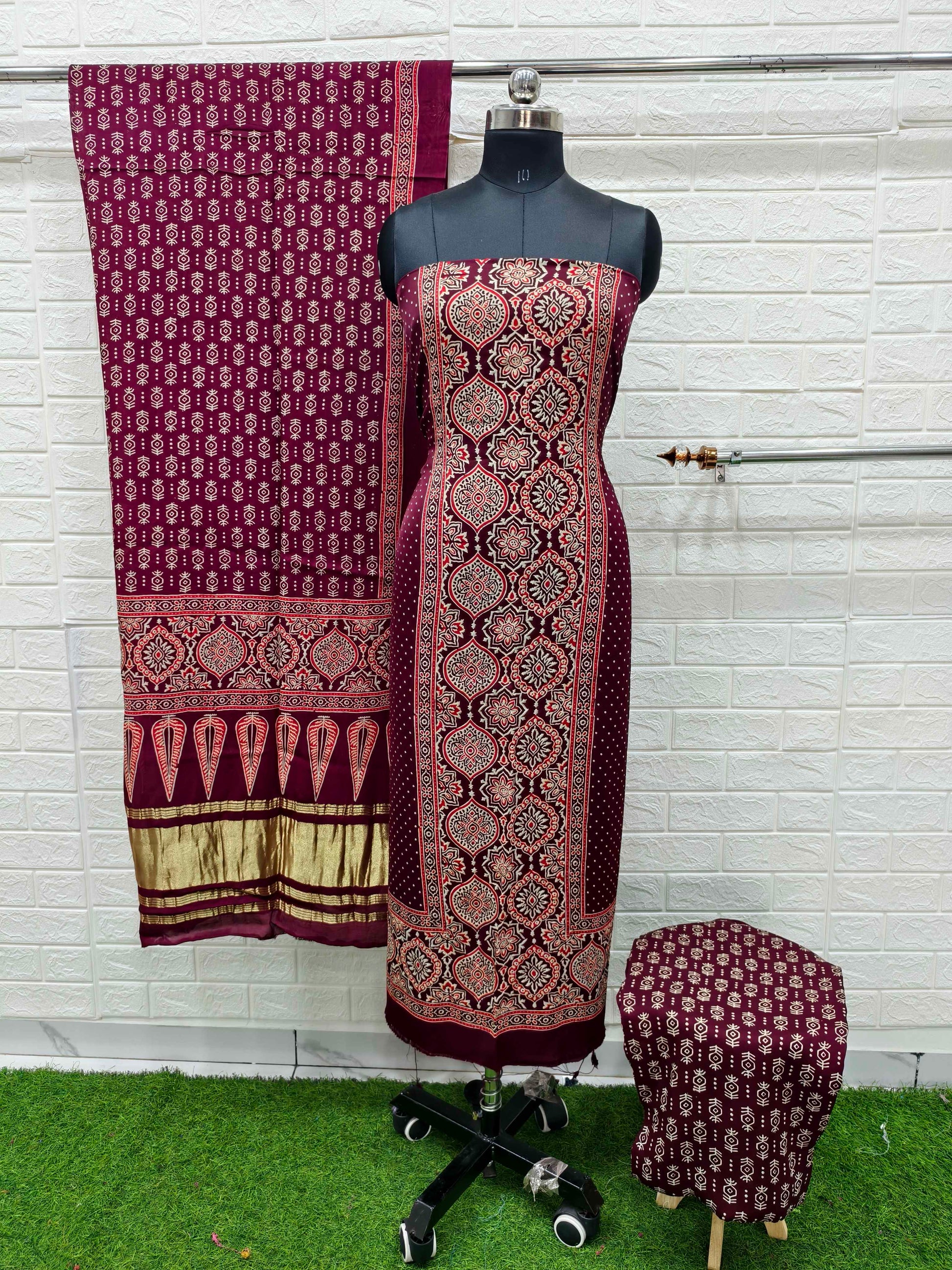 Pure Modal Silk Maroon Ajrakh Hand Block Print Neptol Dye 3 Pice Suit