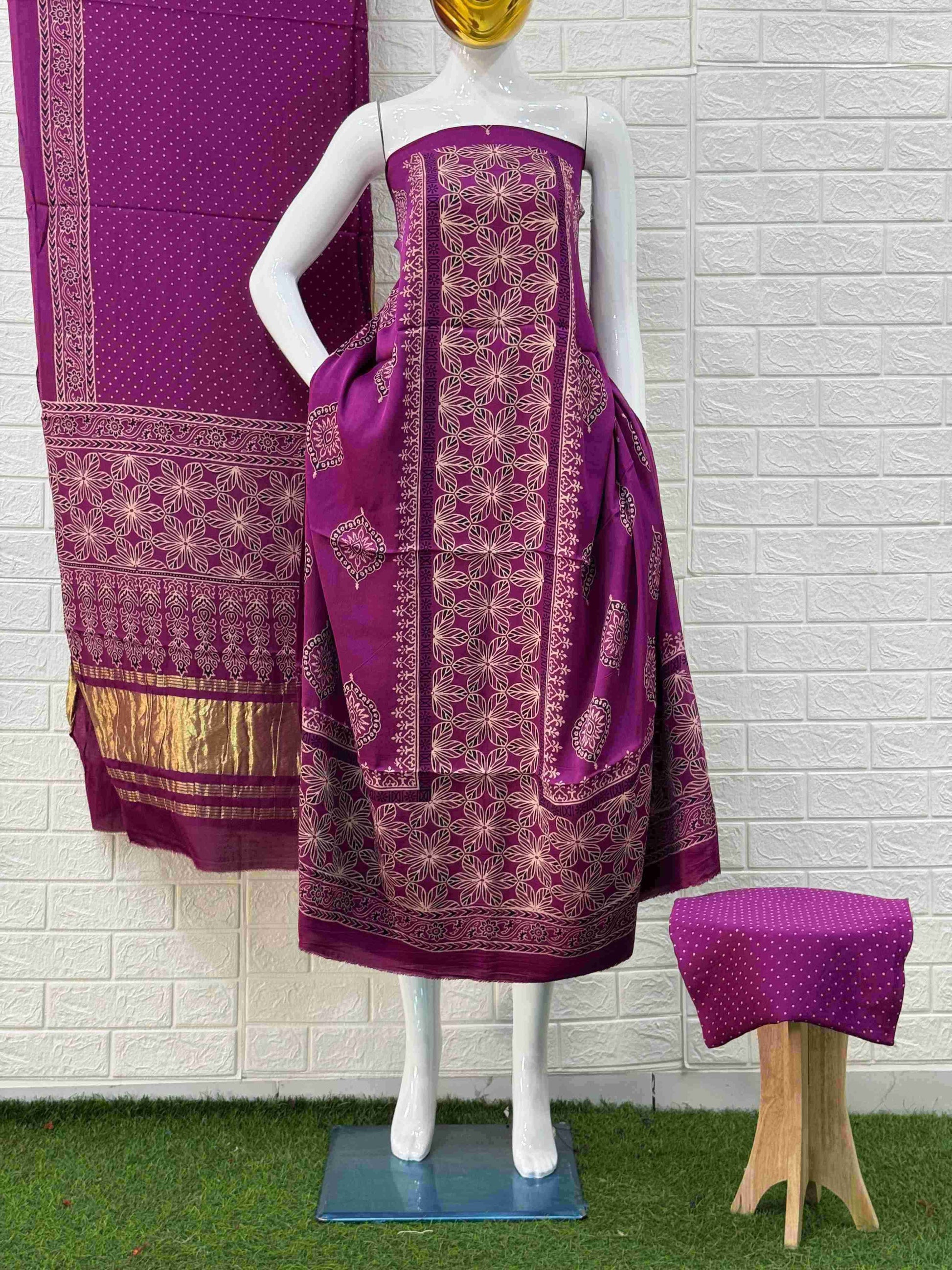 Pure Modal Silk Ajrakh Hand Block Print Neptol Dye 3 Pice Suit