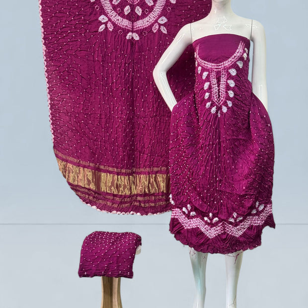Modal Silk Shibori Suit Set with Bandhej Bottom & Zari Pallu Dupatta