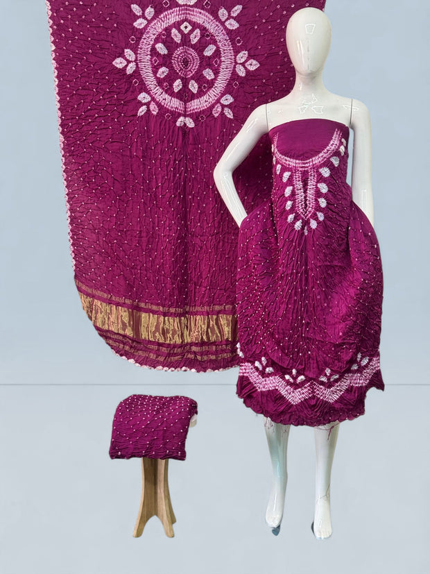 Modal Silk Shibori Suit Set with Bandhej Bottom & Zari Pallu Dupatta