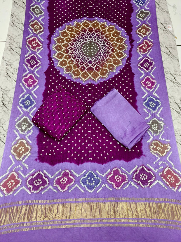 Premium Multi-Color Modal Silk Bandhej Suit Set | Handcrafted Bandhani Designer Dress Material with Zari Dupatta