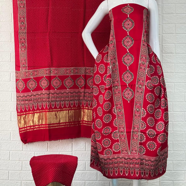 Pure Modal Silk Rust Ajrakh Hand Block Print Neptol Dye 3 Pice Suit