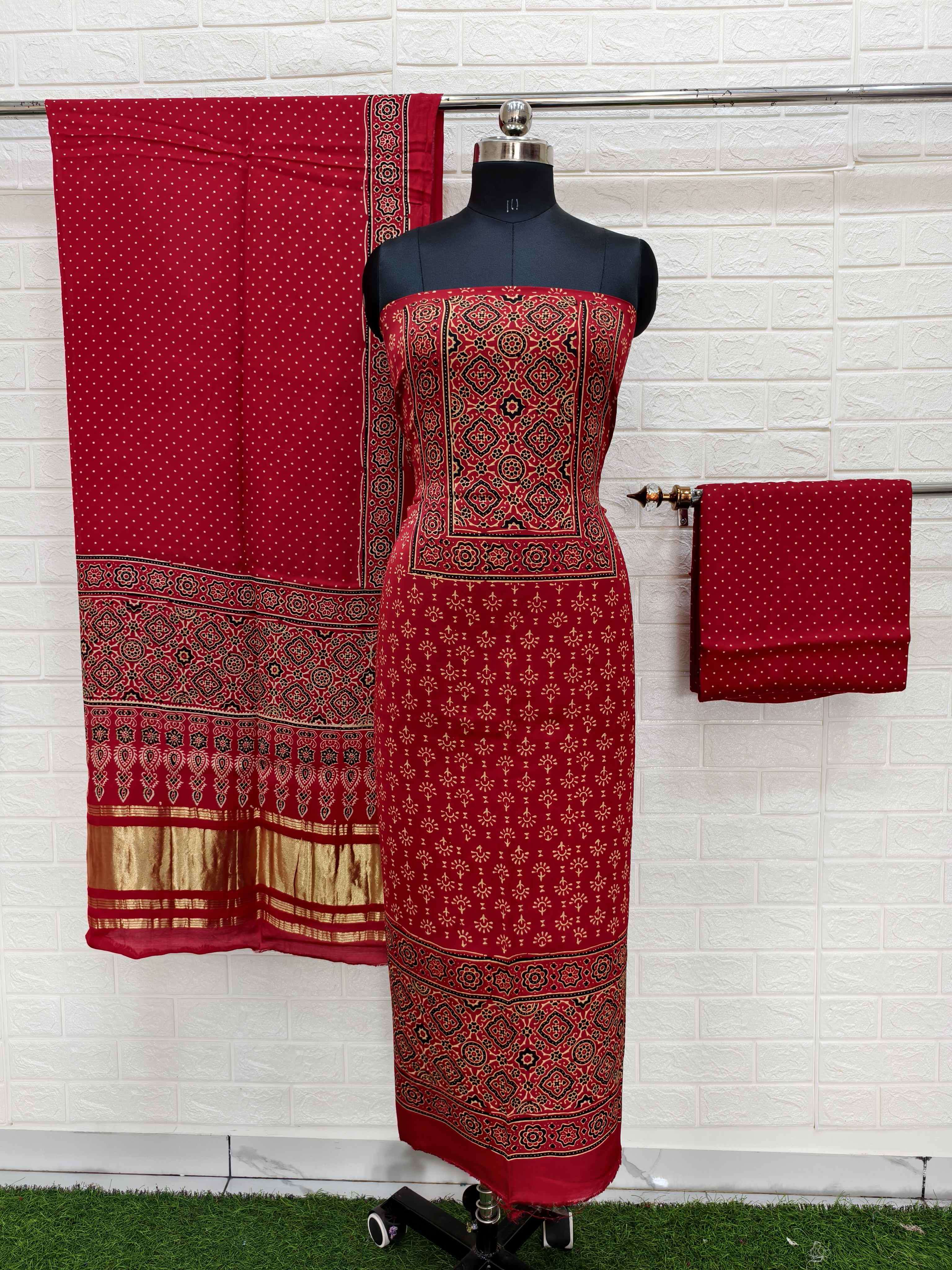 Red Pure Modal Silk Ajrakh Hand Block Print Neptol Dye 3 Pice Suit