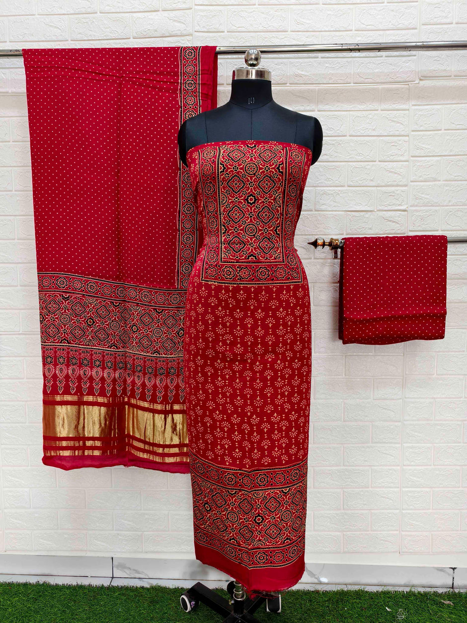 Red Pure Modal Silk Ajrakh Hand Block Print Neptol Dye 3 Pice Suit