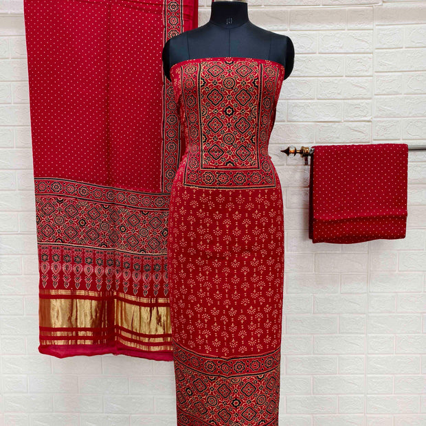 Red Pure Modal Silk Ajrakh Hand Block Print Neptol Dye 3 Pice Suit