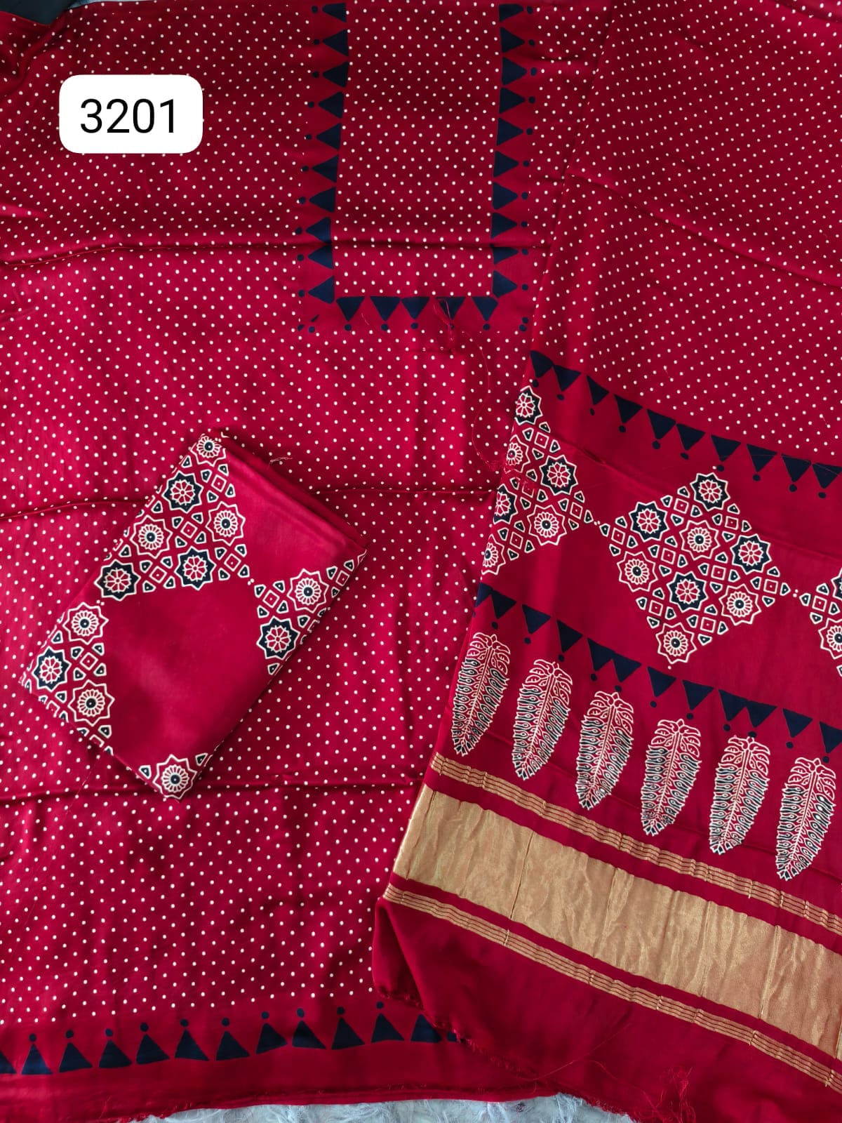 Pure Modal Silk Ajrakh Hand Block Print Neptol Dye 3 Pice Suit