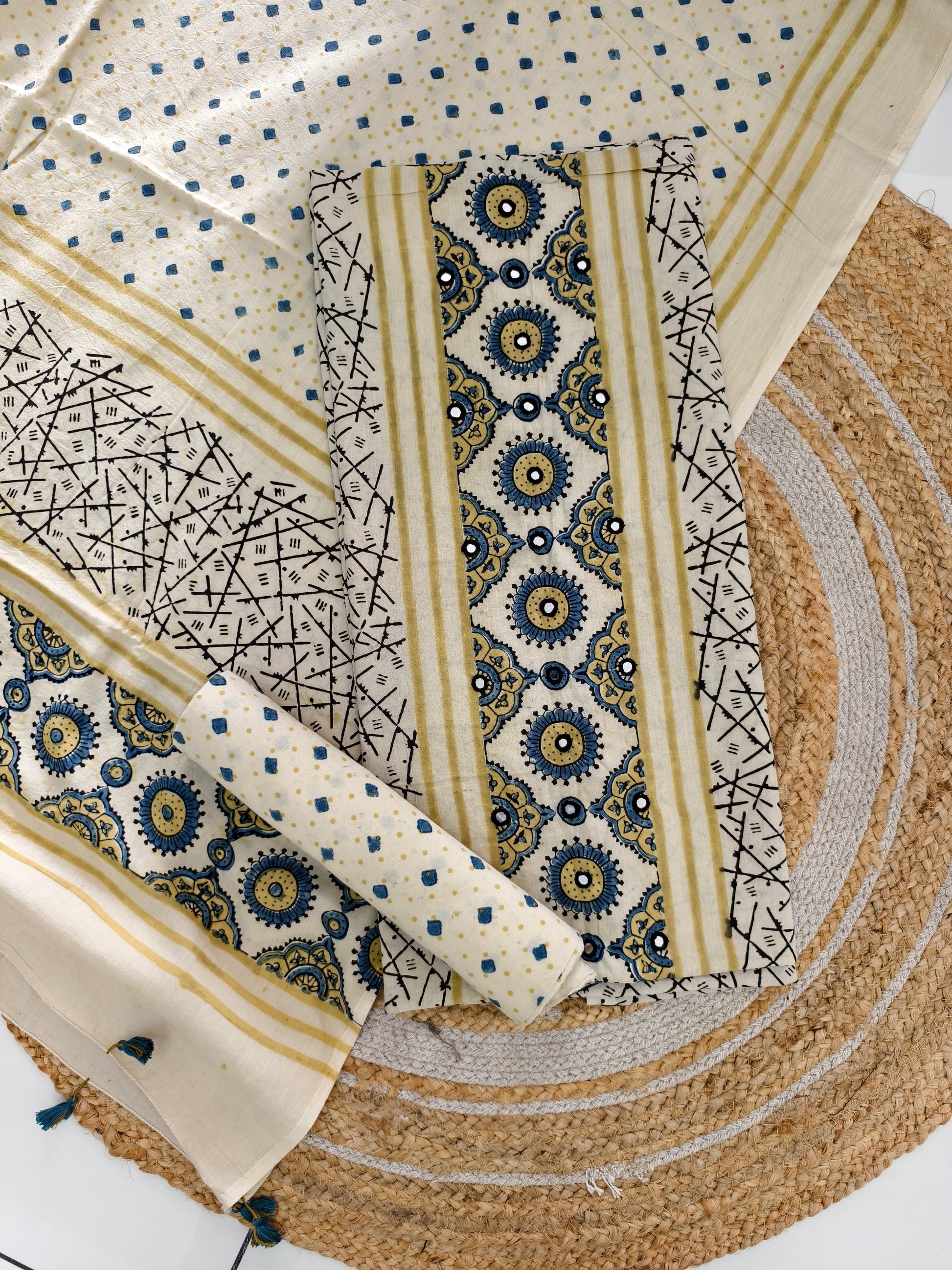 pure cotten ajrakh suit with mirror work & tassels - buy now