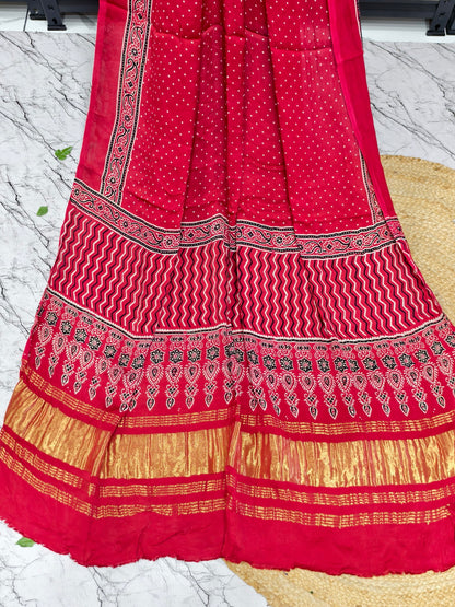 Modal Silk Red Ajrakh Hand Block Print Suit with Neptol Dye & Zari Pallu Dupatta – Premium Designer Ethnic Wear