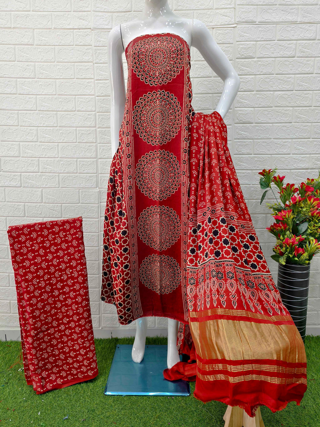 Pure Modal Silk Rust Ajrakh Hand Block Print Neptol Dye 3 Pice Suit
