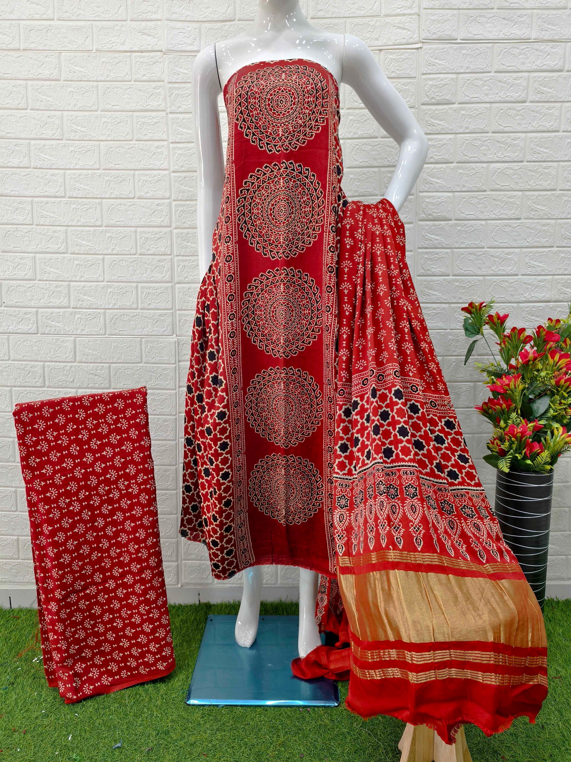Pure Modal Silk Rust Ajrakh Hand Block Print Neptol Dye 3 Pice Suit