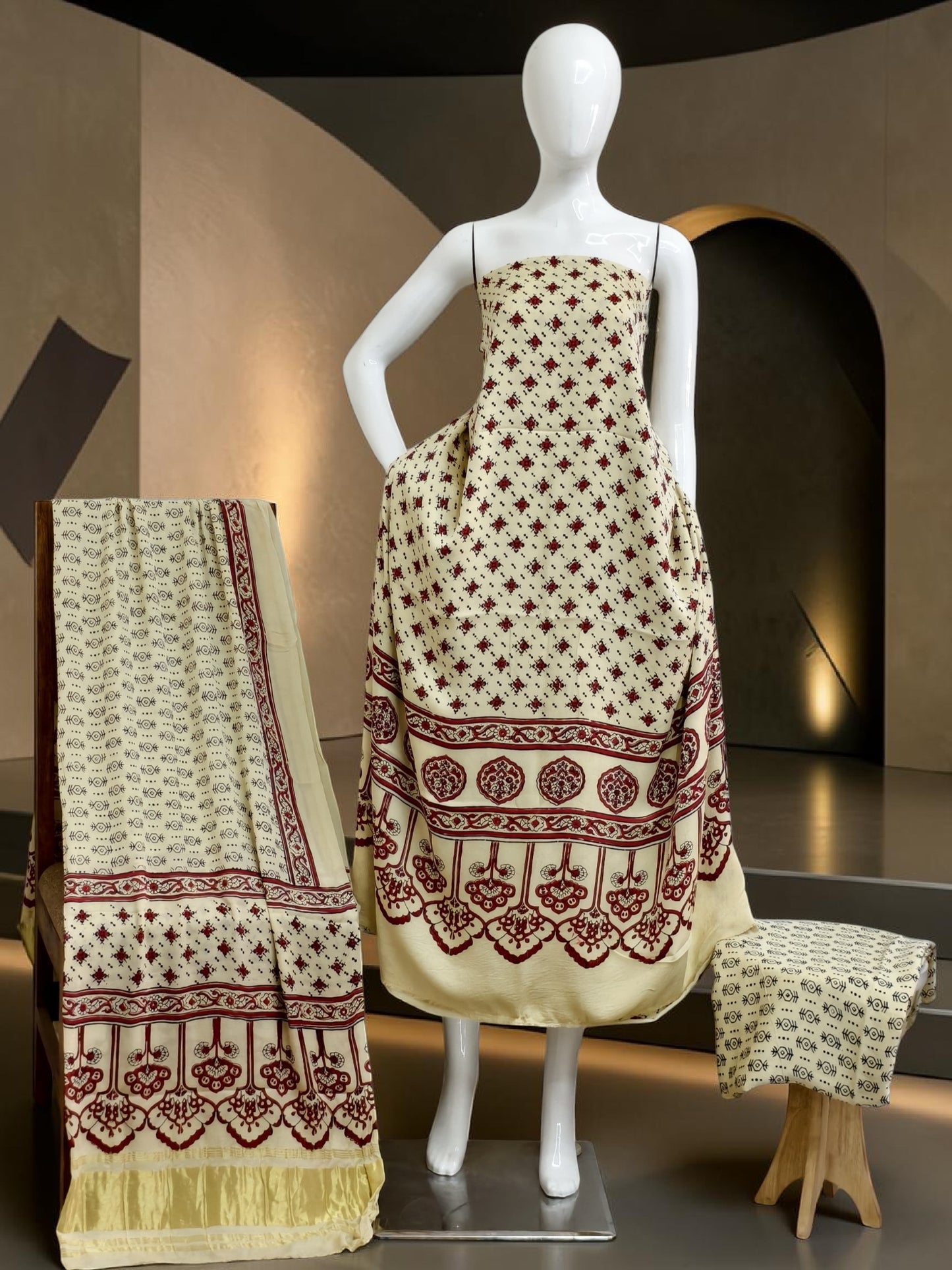 off white Modal Silk Ajrakh Hand Block Print Suit with Neptol Dye & Zari Pallu Dupatta – Premium Designer Ethnic Wear