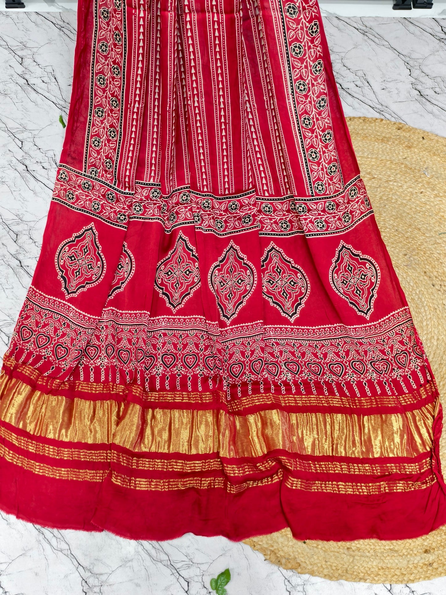 Modal Silk Red Ajrakh Hand Block Print Suit with Neptol Dye & Zari Pallu Dupatta – Premium Designer Ethnic Wear