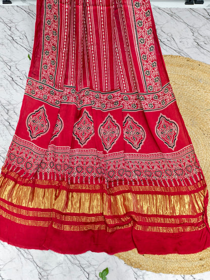 Modal Silk Red Ajrakh Hand Block Print Suit with Neptol Dye & Zari Pallu Dupatta – Premium Designer Ethnic Wear