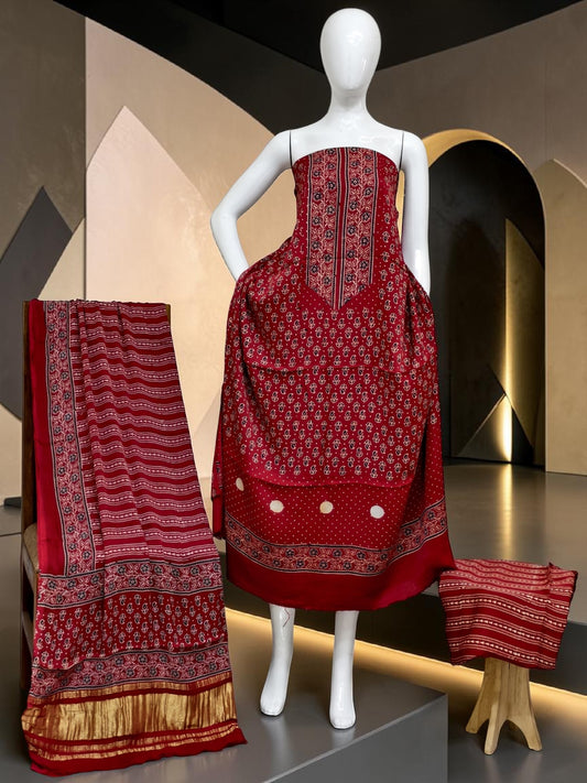 red Modal Silk Ajrakh Hand Block Print Suit with Neptol Dye & Zari Pallu Dupatta – Premium Designer Ethnic Wear