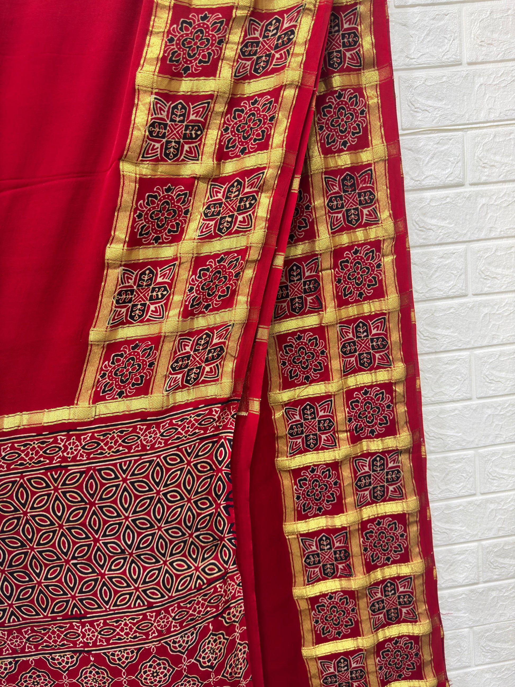 Ajrakh Hand Block Print Neptol Dye Saree with Zari Pallu