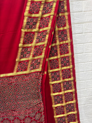 Ajrakh Hand Block Print Neptol Dye Saree with Zari Pallu