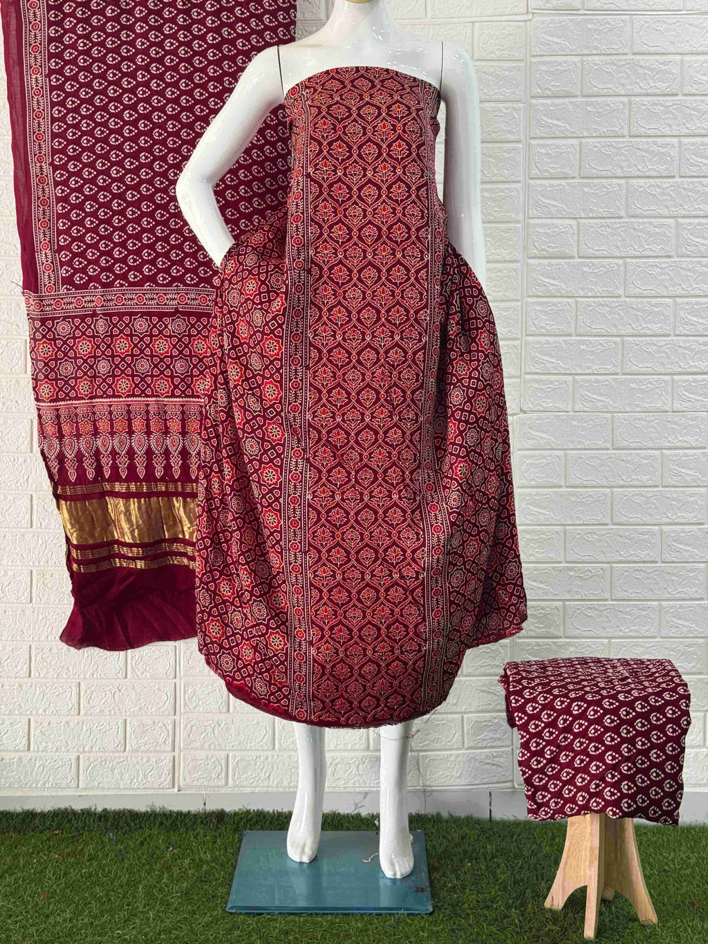 Pure Modal Silk Ajrakh Hand Block Print Neptol Dye 3 Pice Suit