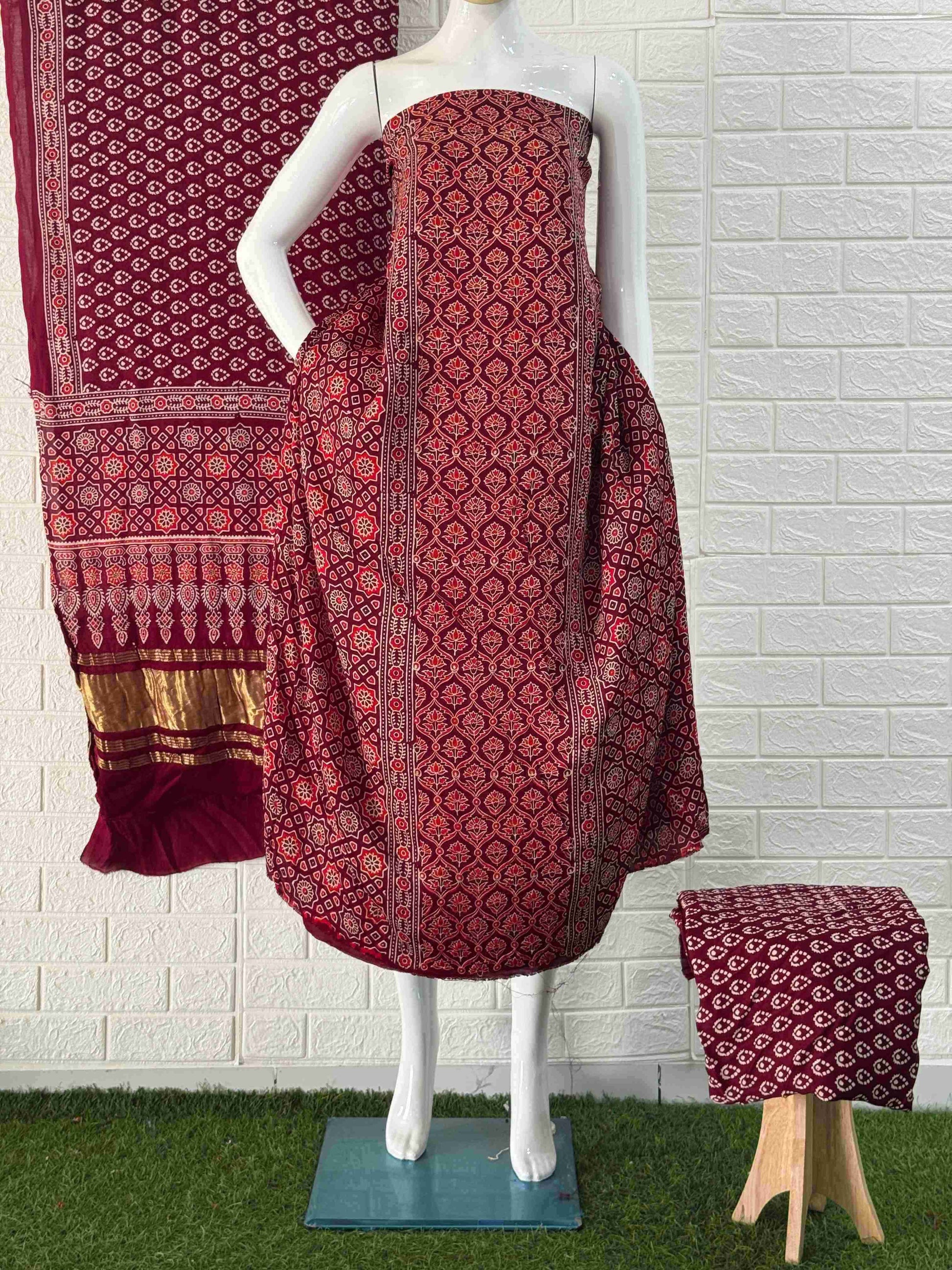 Pure Modal Silk Ajrakh Hand Block Print Neptol Dye 3 Pice Suit