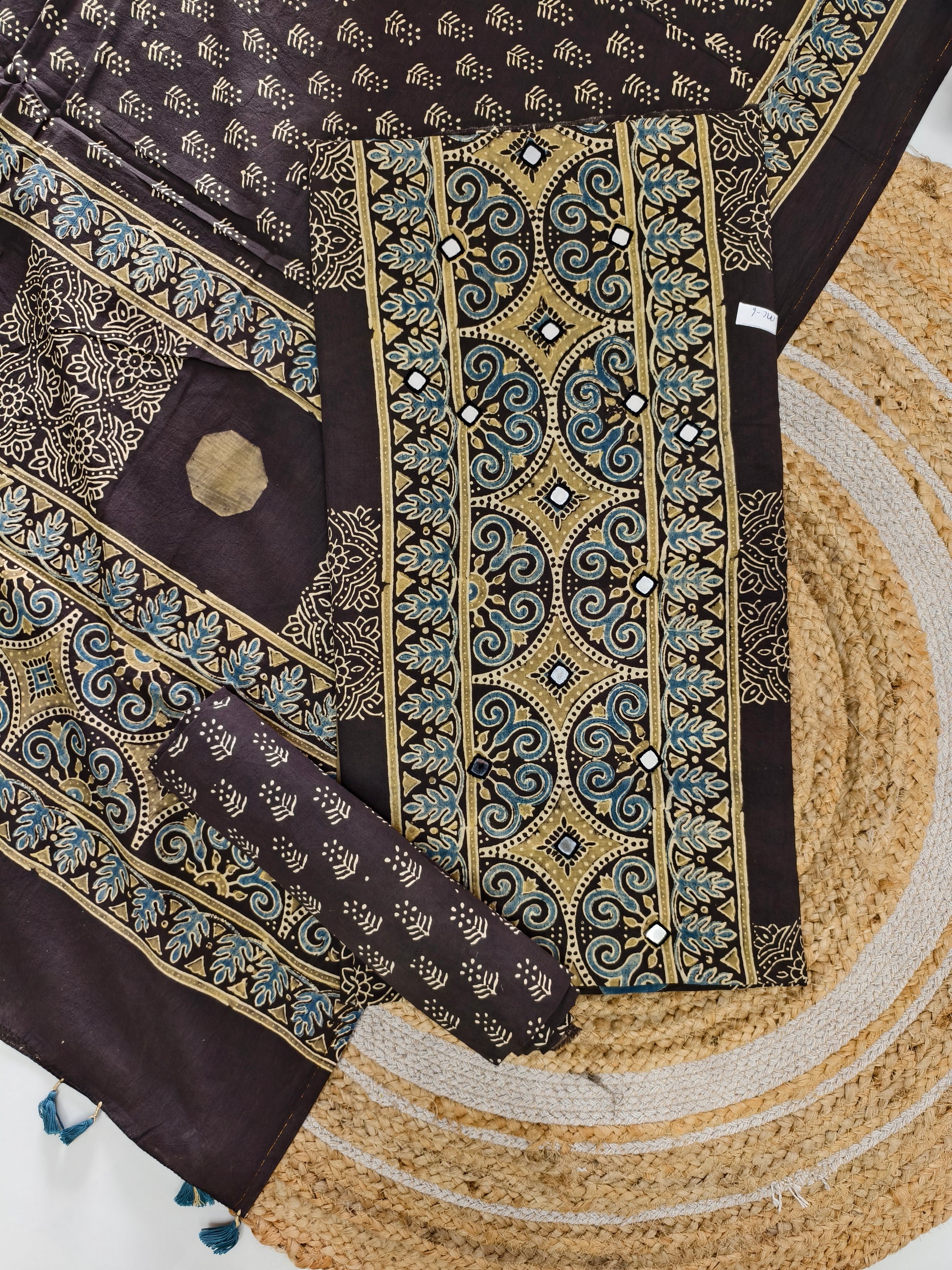 pure cotten ajrakh suit with mirror work & tassels - buy now
