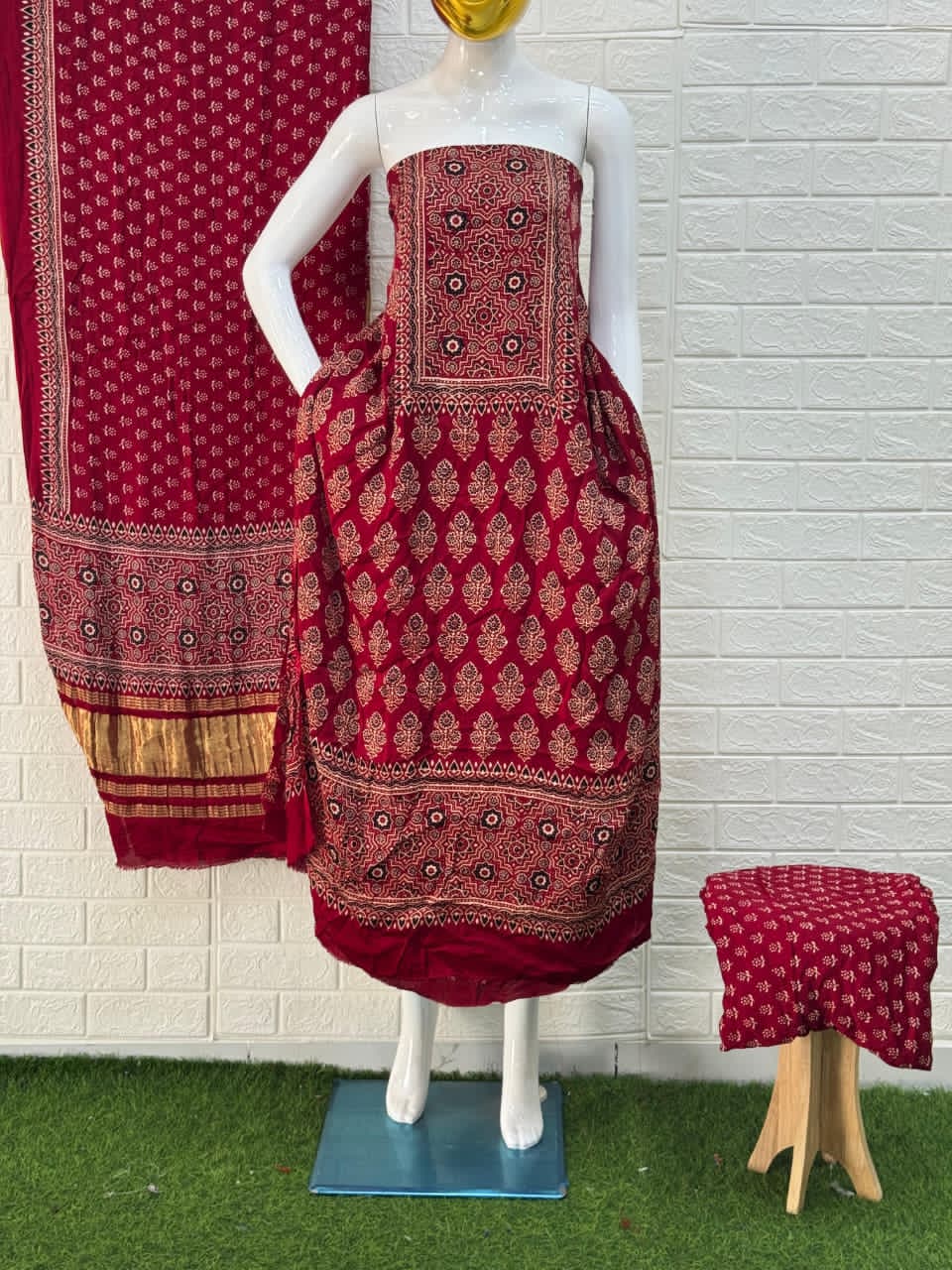 Pure Modal Silk Blu Ajrakh Hand Block Print Neptol Dye 3 Pice Suit