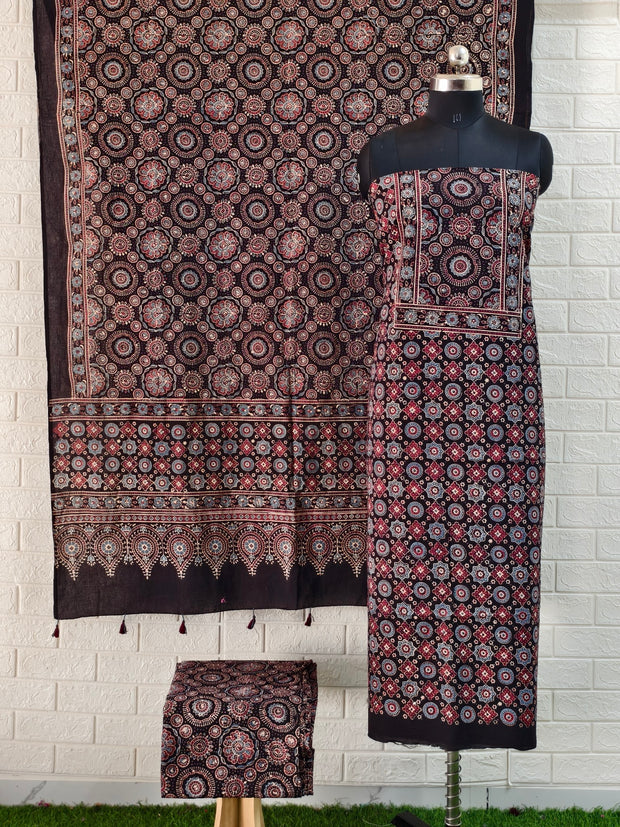 Buy Pure Cotton Bleck Ajrakh Hand Block Print Nechral Dye 3 Pice Suit