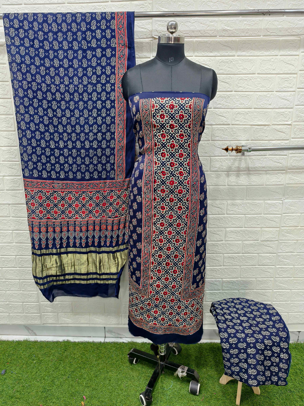 Pure Modal Silk Ajrakh Hand Block Print Neptol Dye 3 Pice Suit