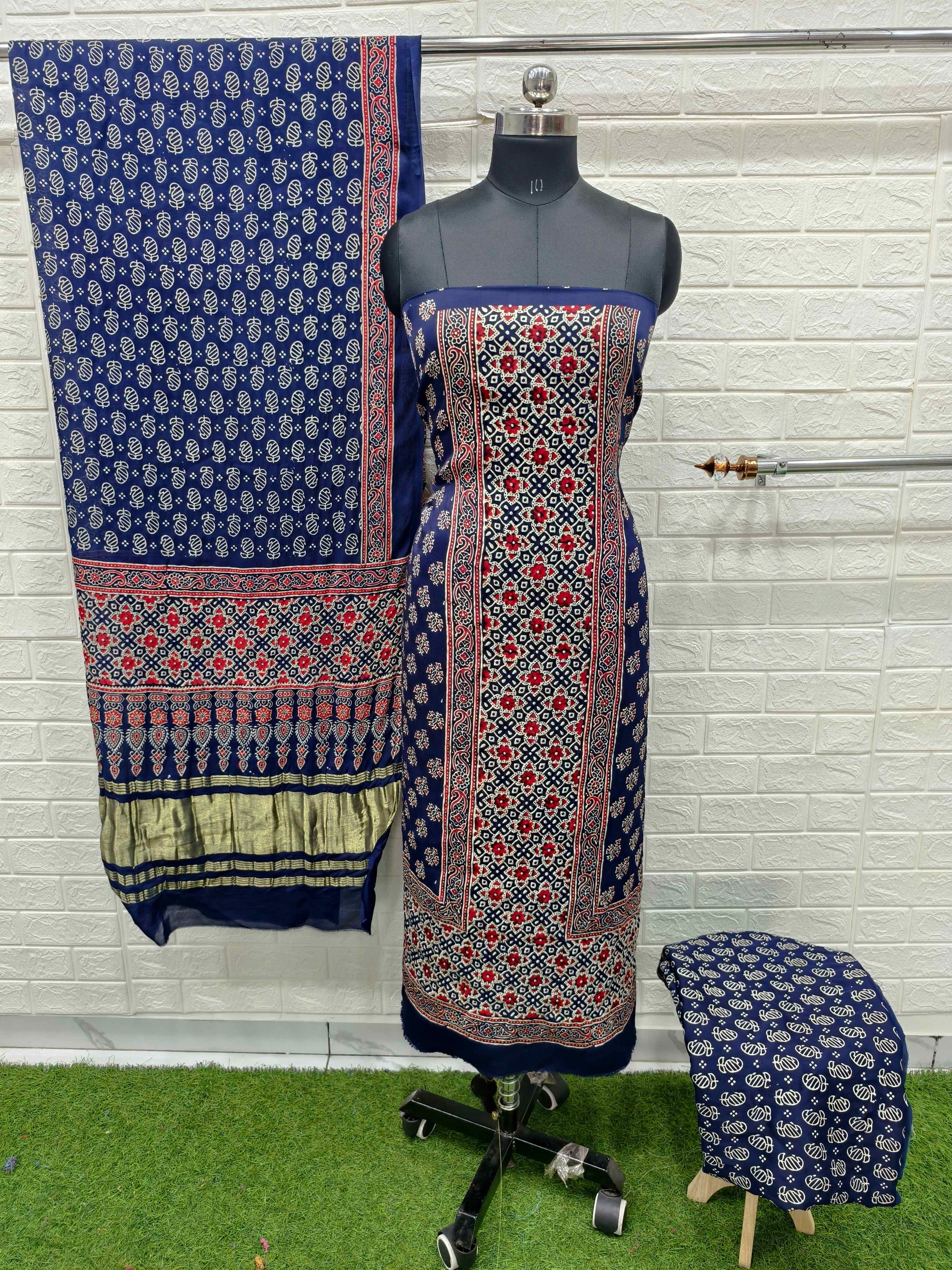 Pure Modal Silk Ajrakh Hand Block Print Neptol Dye 3 Pice Suit