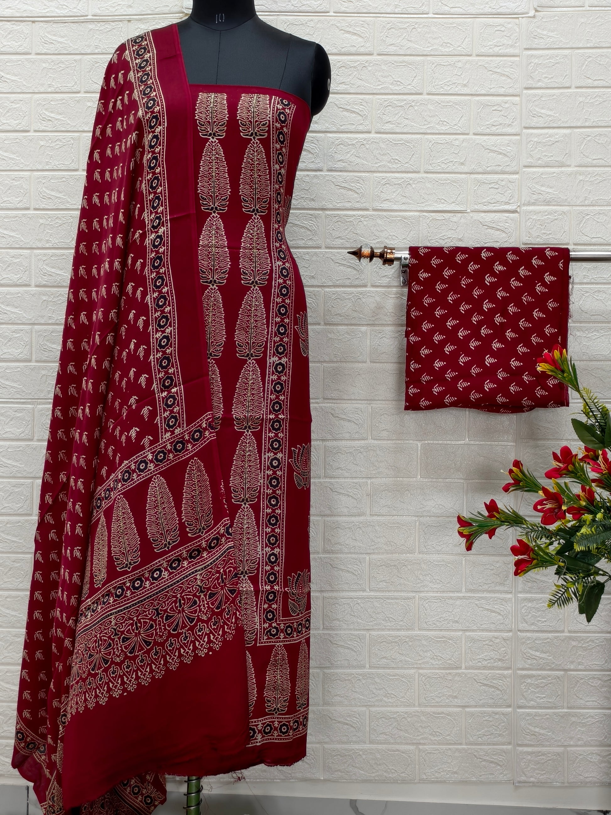 Ajrakh Hand Block Print Neptol Dye 3 Pice Suit