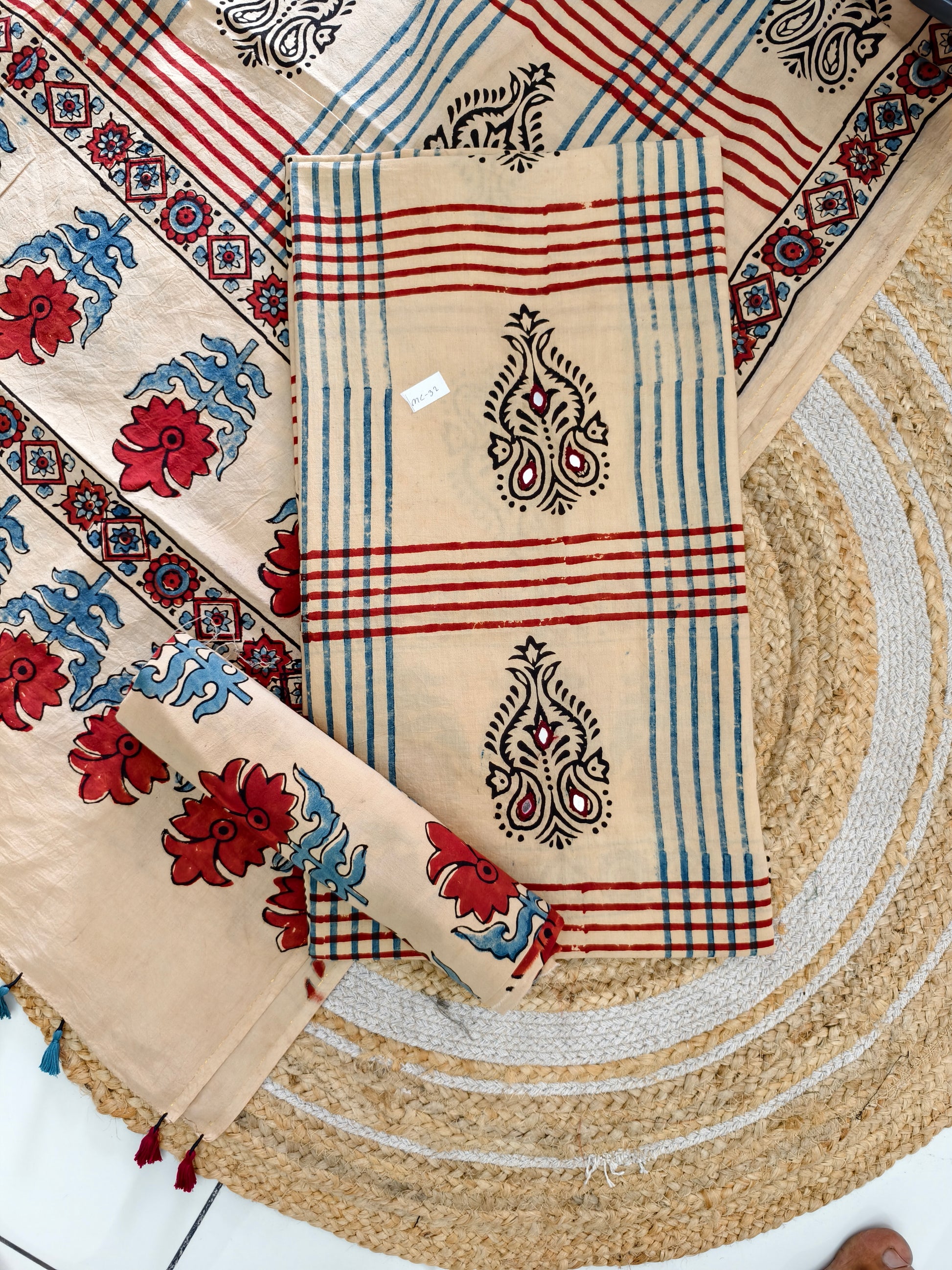 pure cotten ajrakh suit with mirror work & tassels - buy now