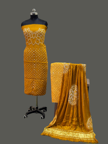 Buy Online Modal Silk Bandhani Makdi Design 3 Piece Suit Set – Zari Dupatta