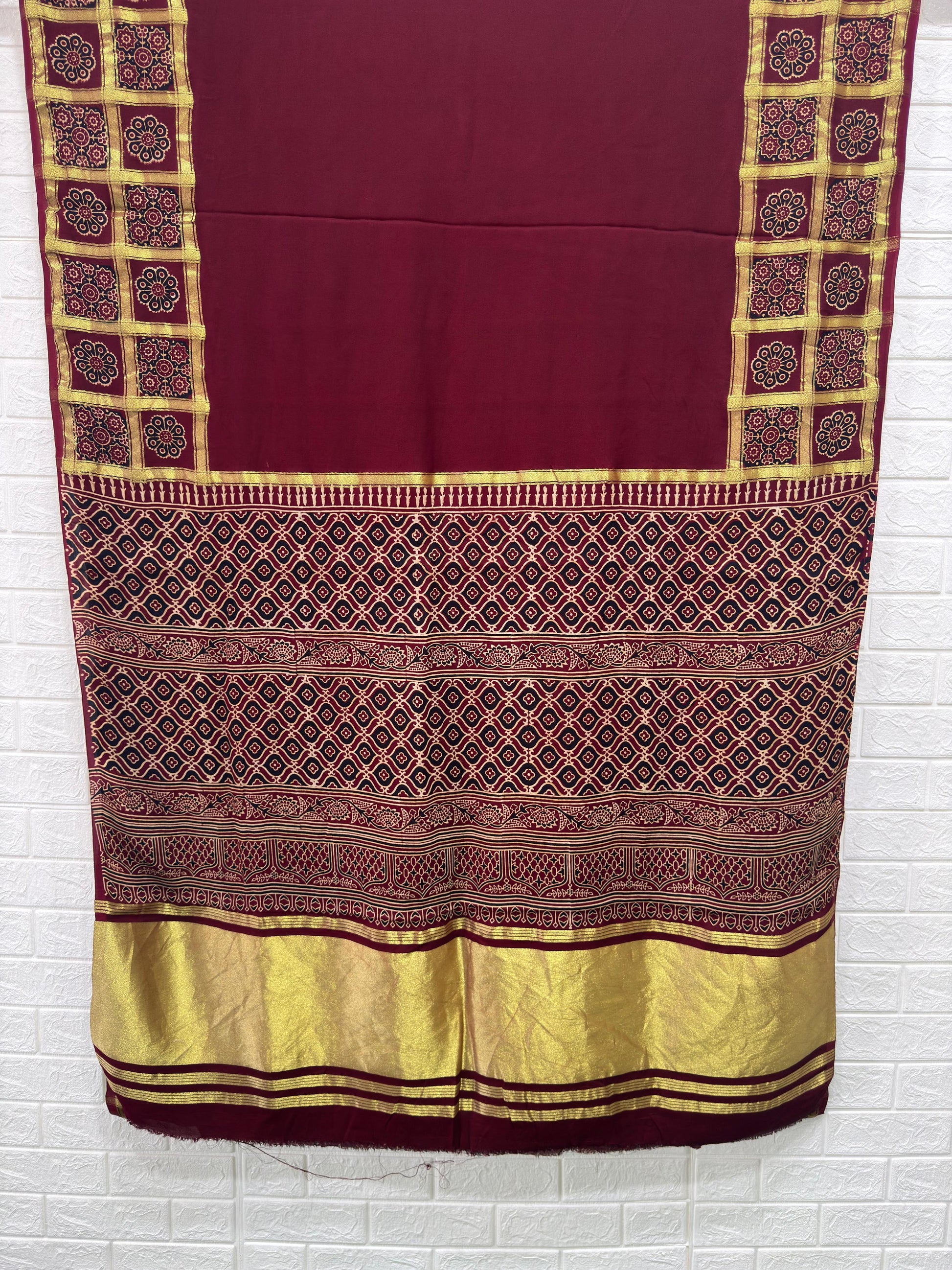 Ajrakh Hand Block Print Neptol Dye Saree with Zari Pallu