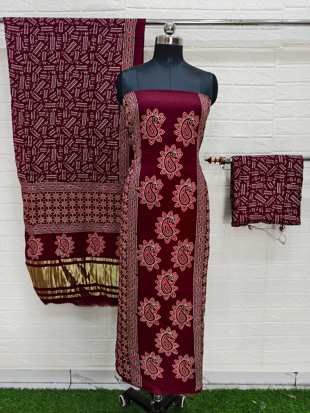 Pure Modal Silk Maroon Ajrakh Hand Block Print Neptol Dye 3 Pice Suit